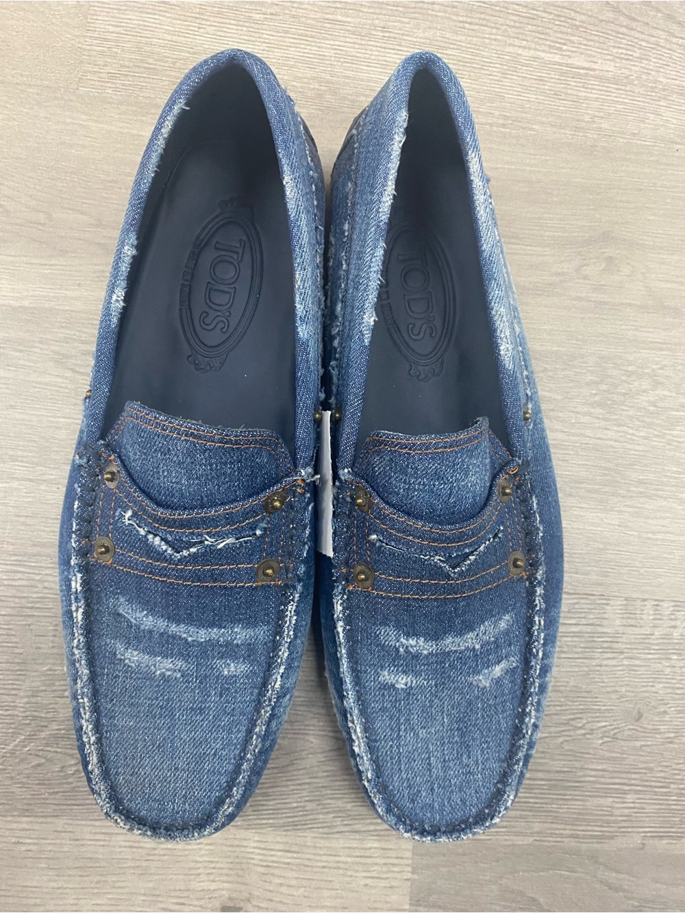 Tod's Distressed Denim Penny Loafers in Blue